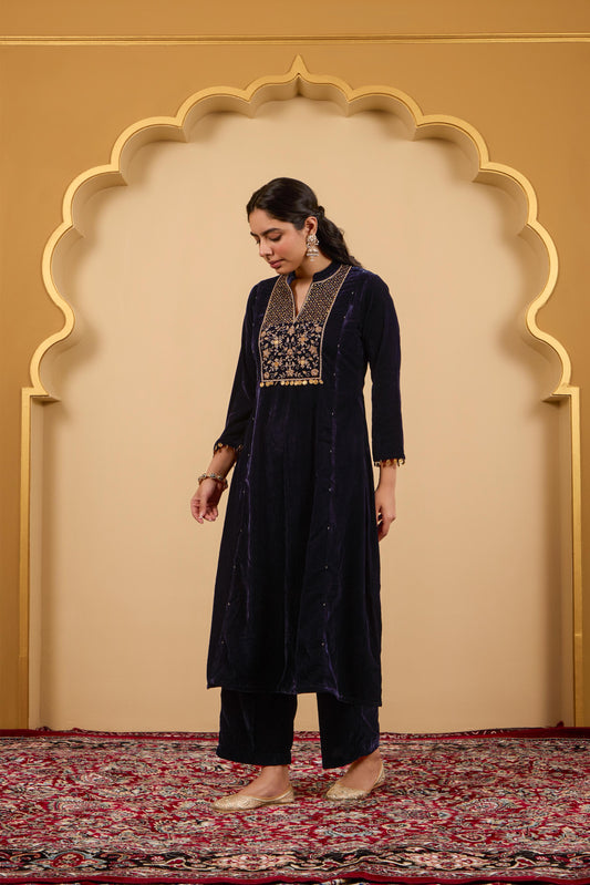 Navy Blue Yoke Kurta Set