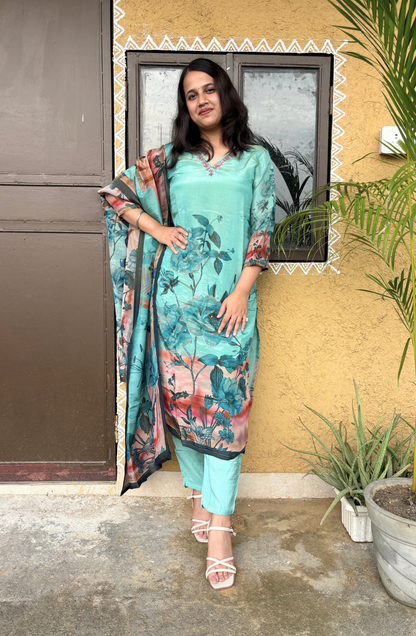Sea Blue Embroidered Kurta Set