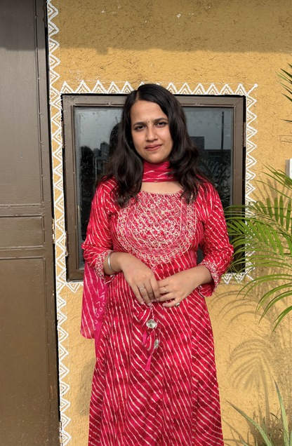 Pink Leheriya Printed Anarkali Set