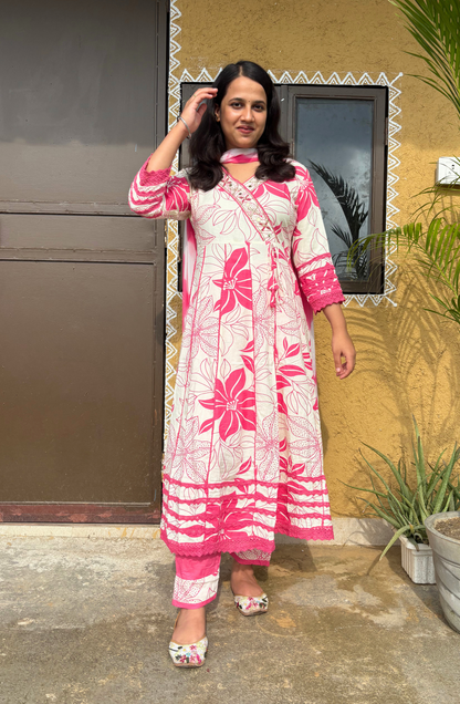 White & Pink Floral Printed Anarkali Set