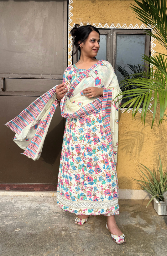 White Floral Printed Anarkali Set