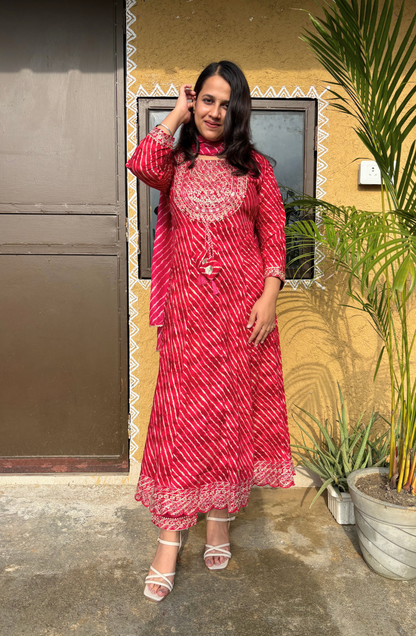 Pink Leheriya Printed Anarkali Set