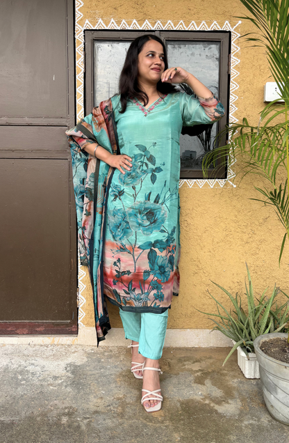 Sea Blue Embroidered Kurta Set