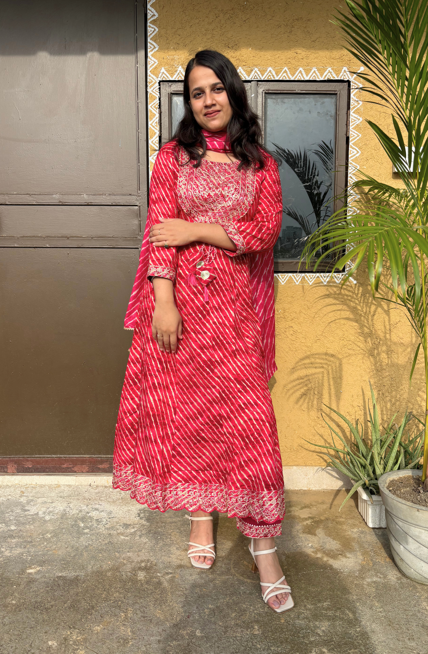Pink Leheriya Printed Anarkali Set