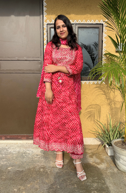 Pink Leheriya Printed Anarkali Set