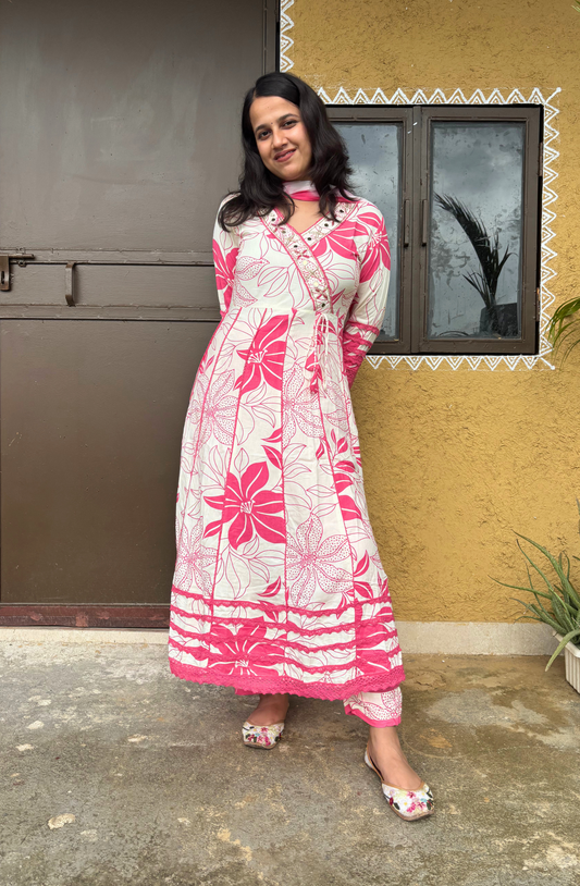 White & Pink Floral Printed Anarkali Set