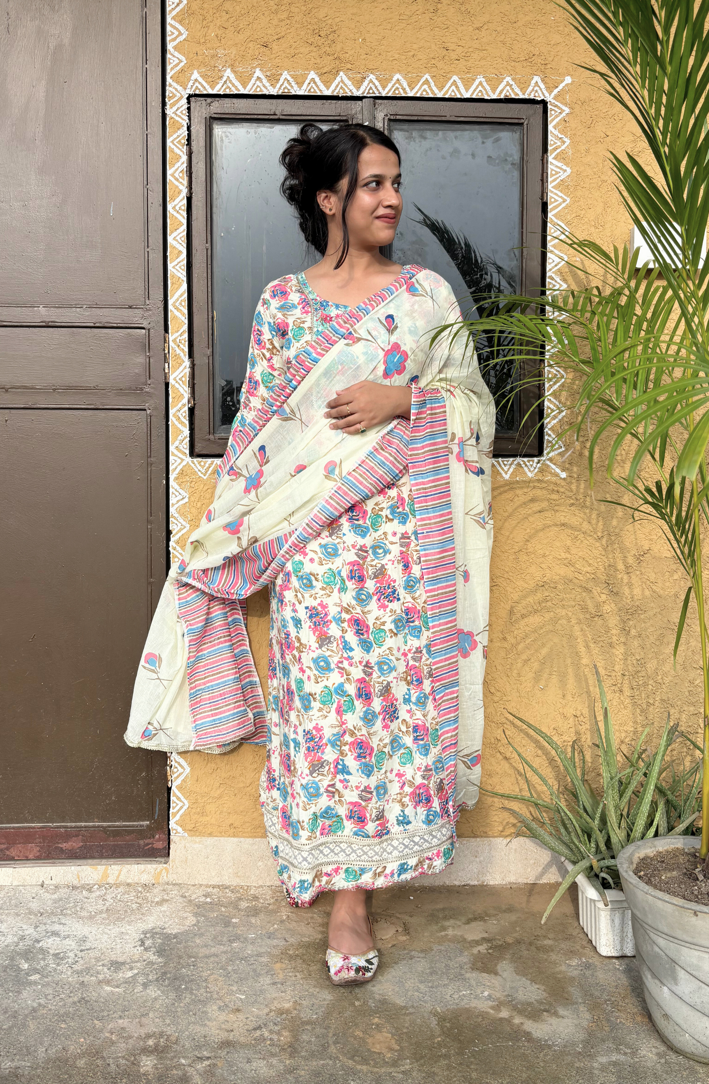 White Floral Printed Anarkali Set