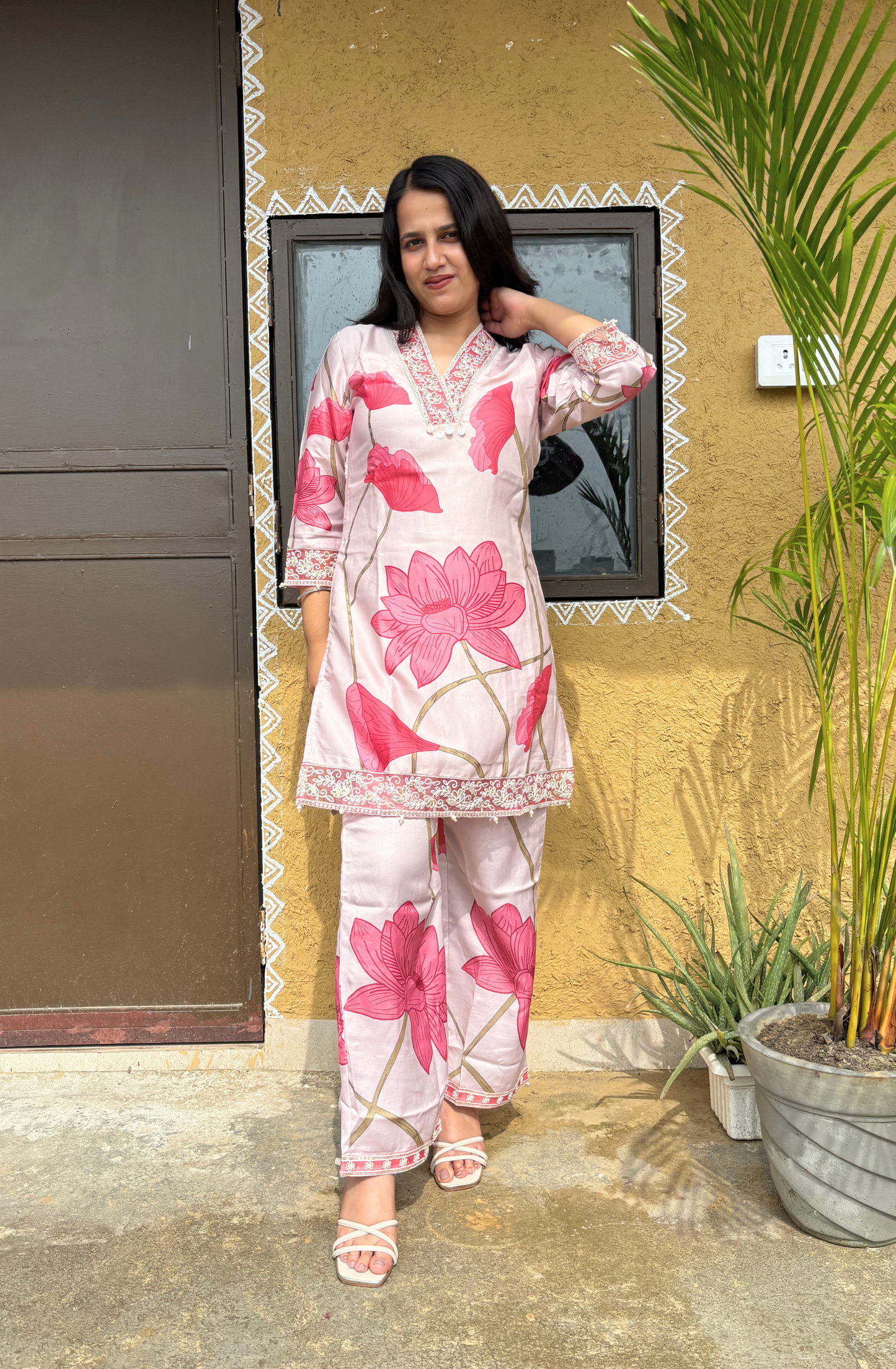 Pink Floral Silk Set With Organza Dupatta