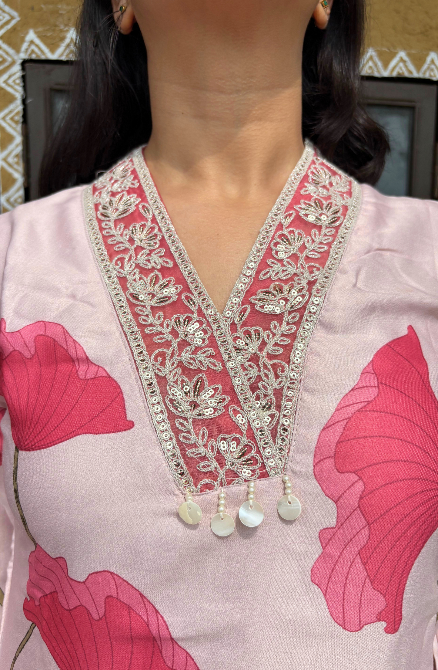 Pink Floral Silk Set With Organza Dupatta