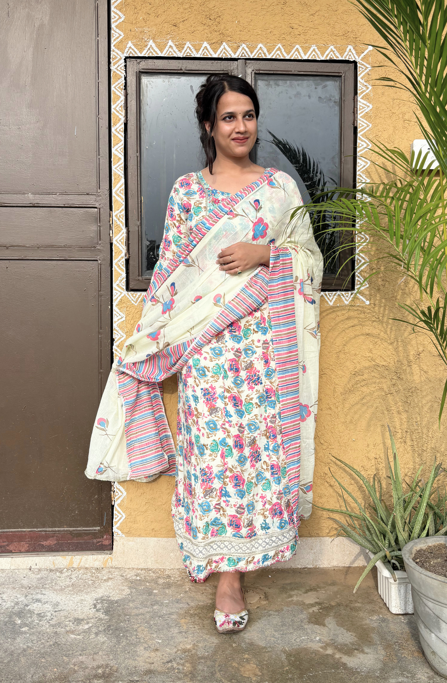 White Floral Printed Anarkali Set