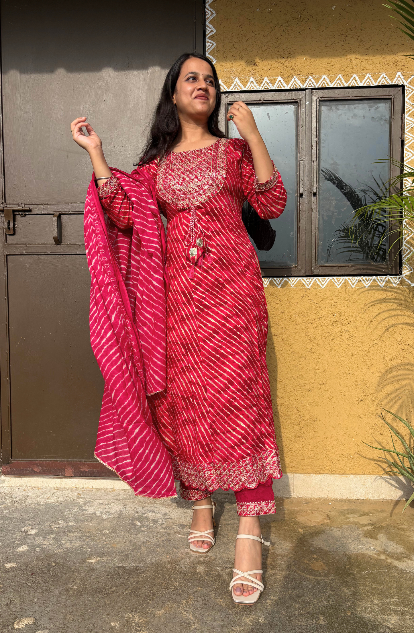 Pink Leheriya Printed Anarkali Set