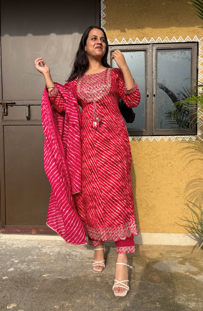 Pink Leheriya Printed Anarkali Set