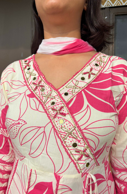 White & Pink Floral Printed Anarkali Set