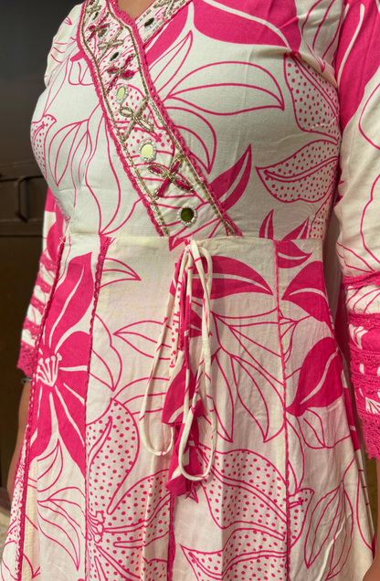 White & Pink Floral Printed Anarkali Set