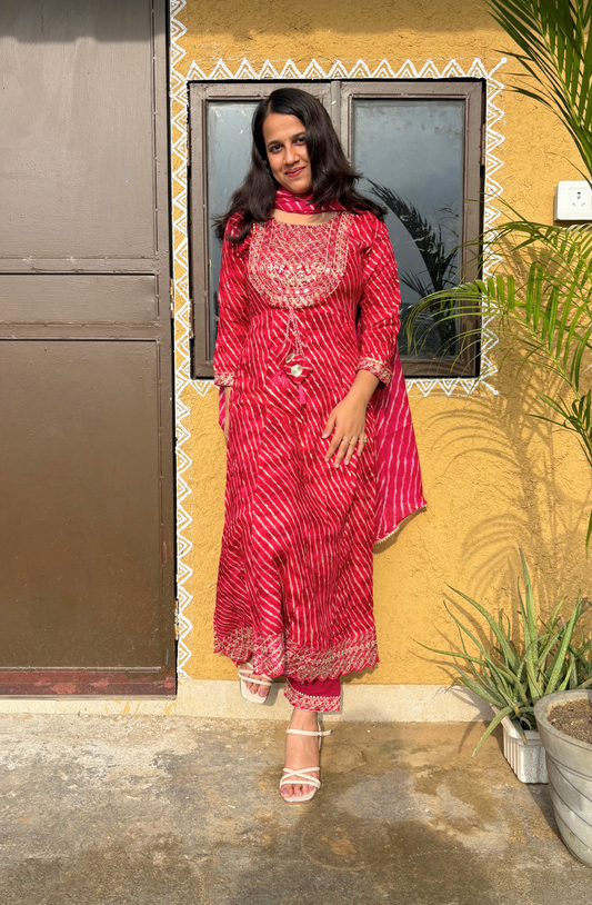 Pink Leheriya Printed Anarkali Set