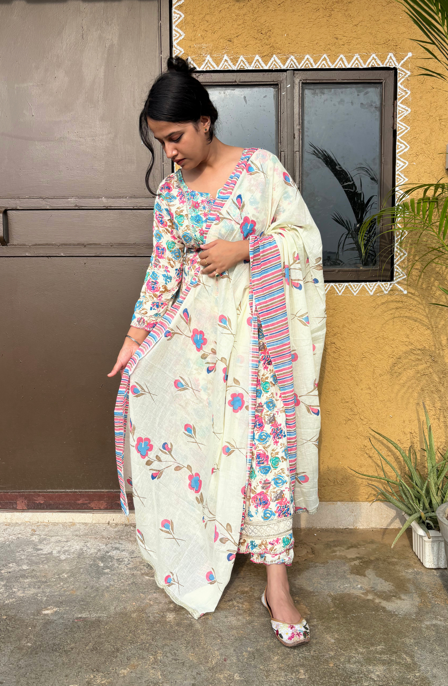 White Floral Printed Anarkali Set