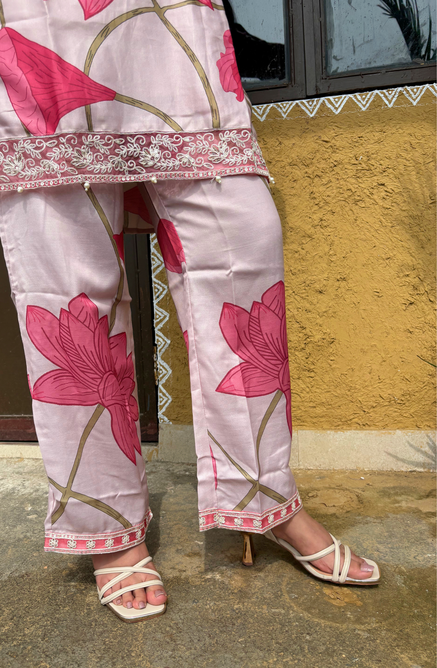 Pink Floral Silk Set With Organza Dupatta