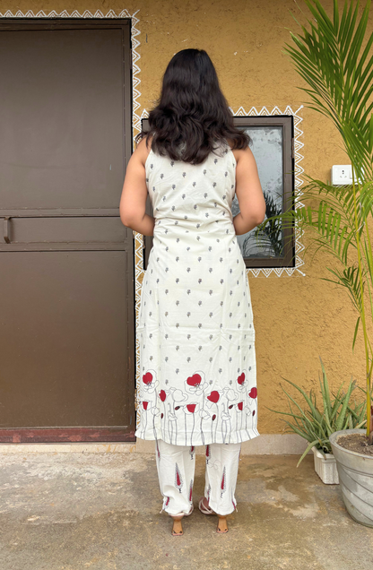 White Jaipuri Print Sleeveless Kurta Set