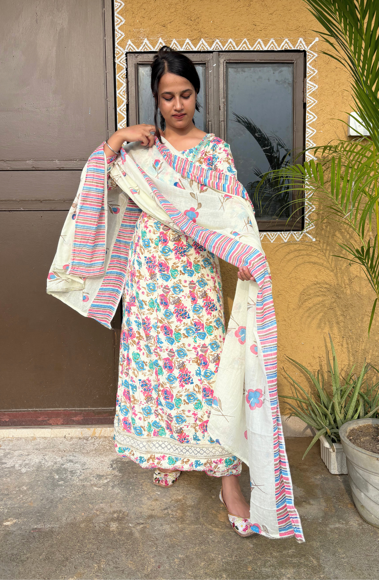 White Floral Printed Anarkali Set