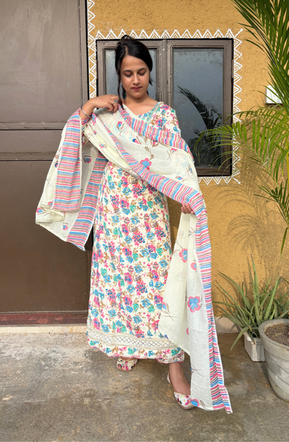 White Floral Printed Anarkali Set