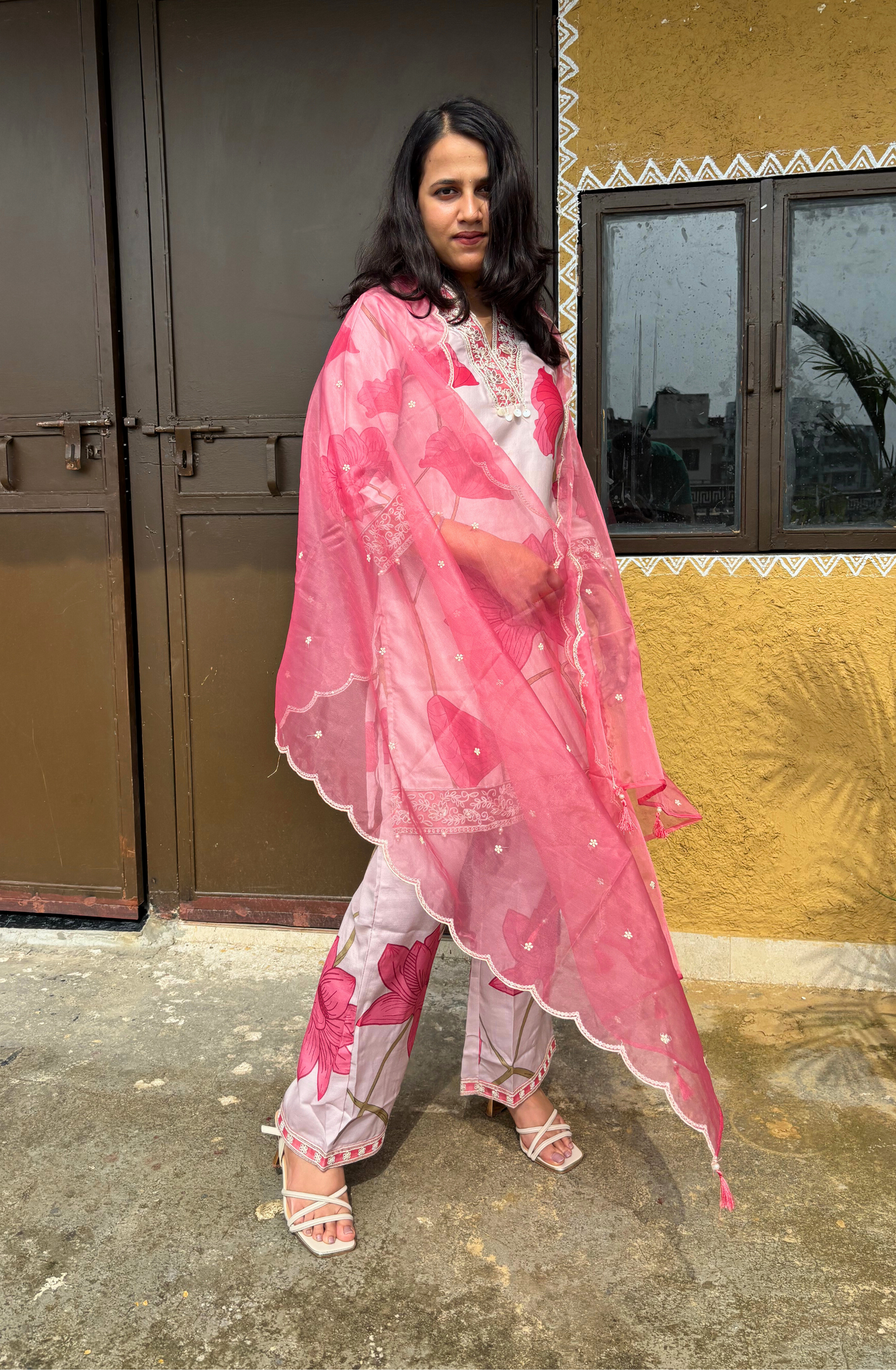 Pink Floral Silk Set With Organza Dupatta