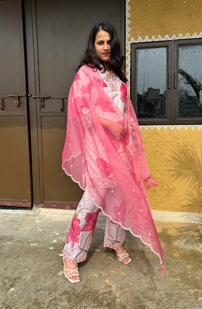 Pink Floral Silk Set With Organza Dupatta