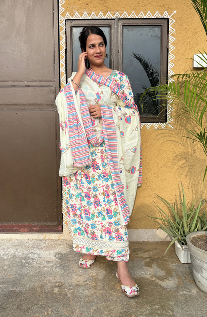 White Floral Printed Anarkali Set