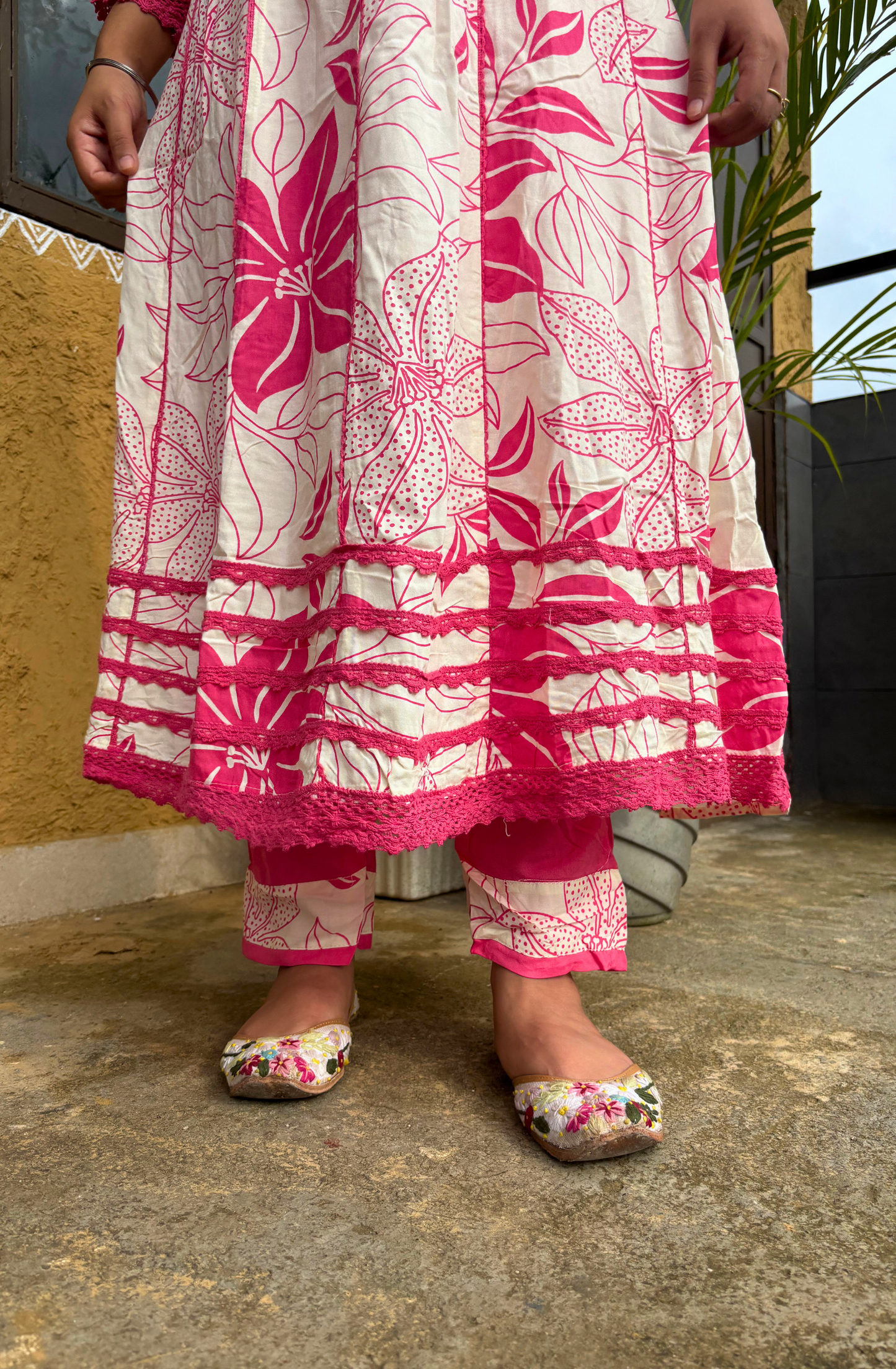 White & Pink Floral Printed Anarkali Set