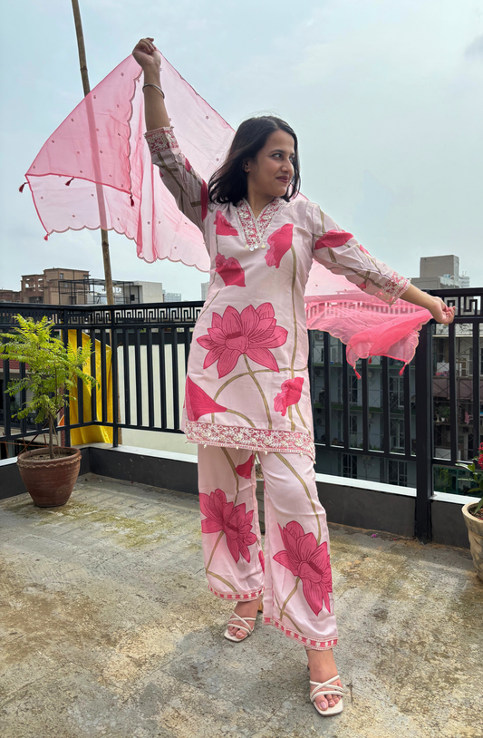 Pink Floral Silk Set With Organza Dupatta