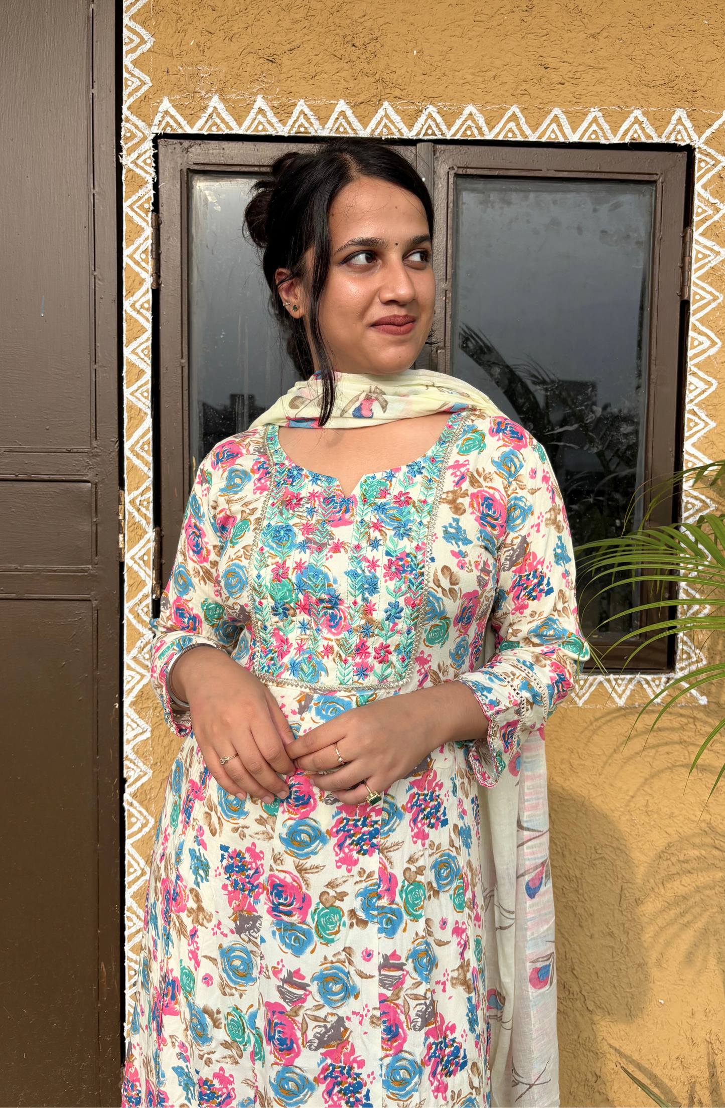 White Floral Printed Anarkali Set