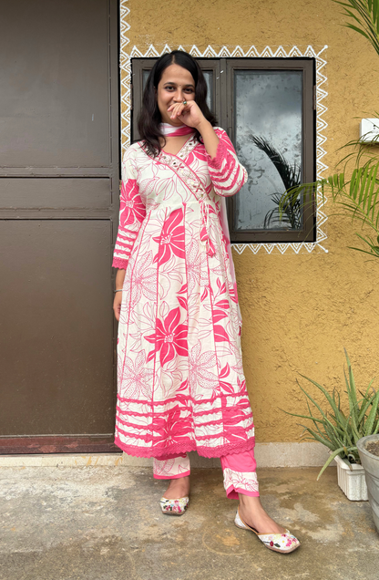 White & Pink Floral Printed Anarkali Set