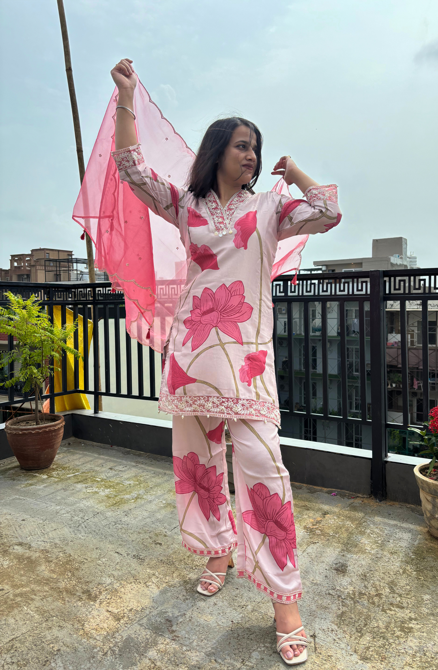 Pink Floral Silk Set With Organza Dupatta