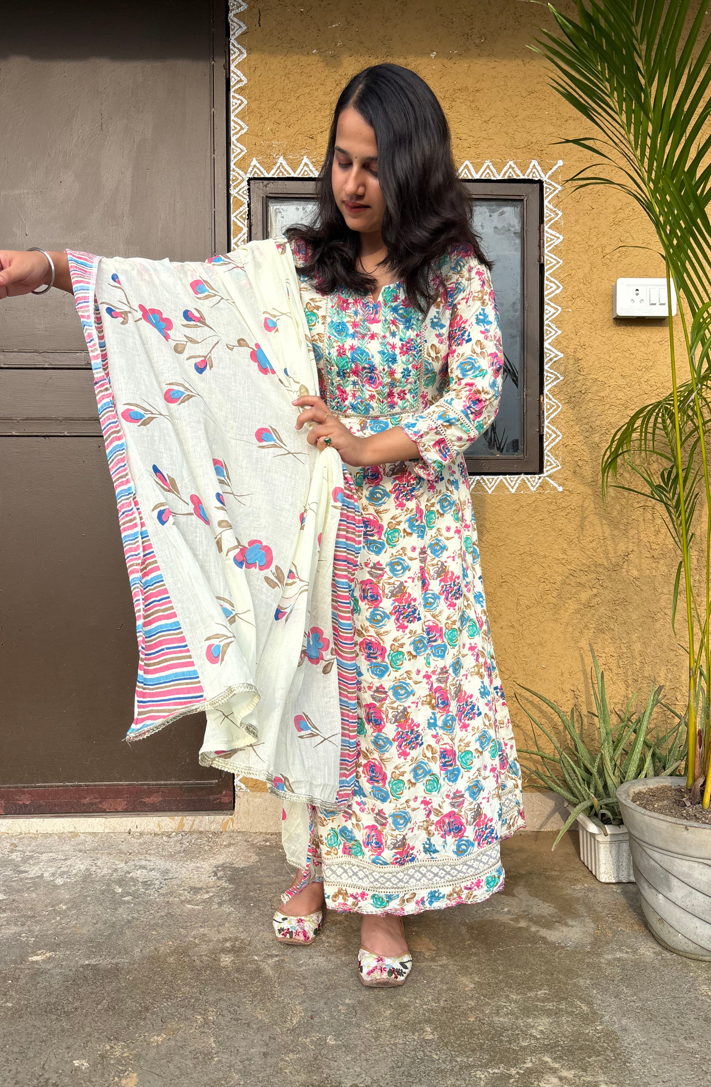 White Floral Printed Anarkali Set