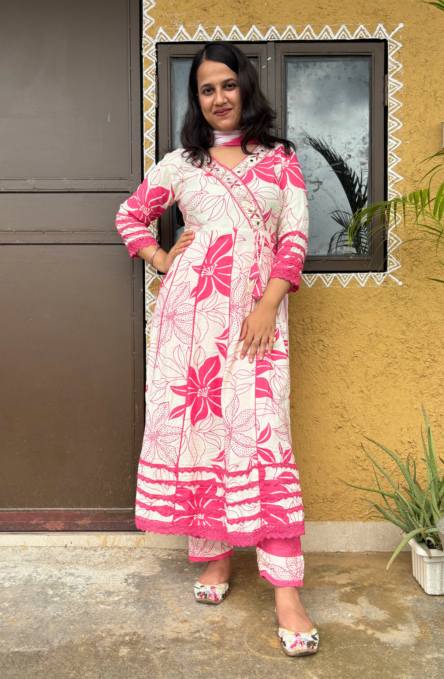 White & Pink Floral Printed Anarkali Set