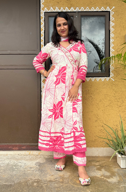 White & Pink Floral Printed Anarkali Set
