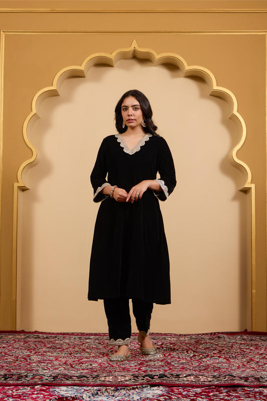 Black A-Line Velvet Kurta
