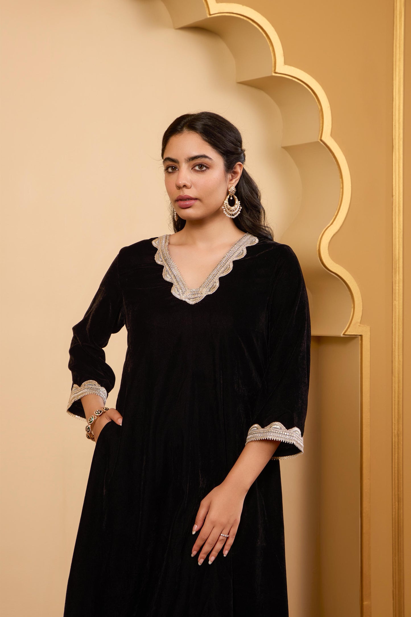 Black A-Line Velvet Kurta