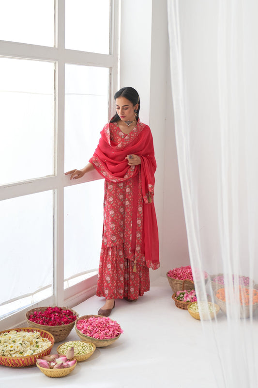 Ikaya Hot Pink Embroidered Sharara Set