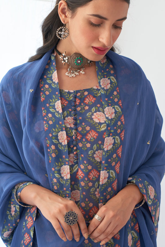 Ikaya Blue Embroidered Sharara Set