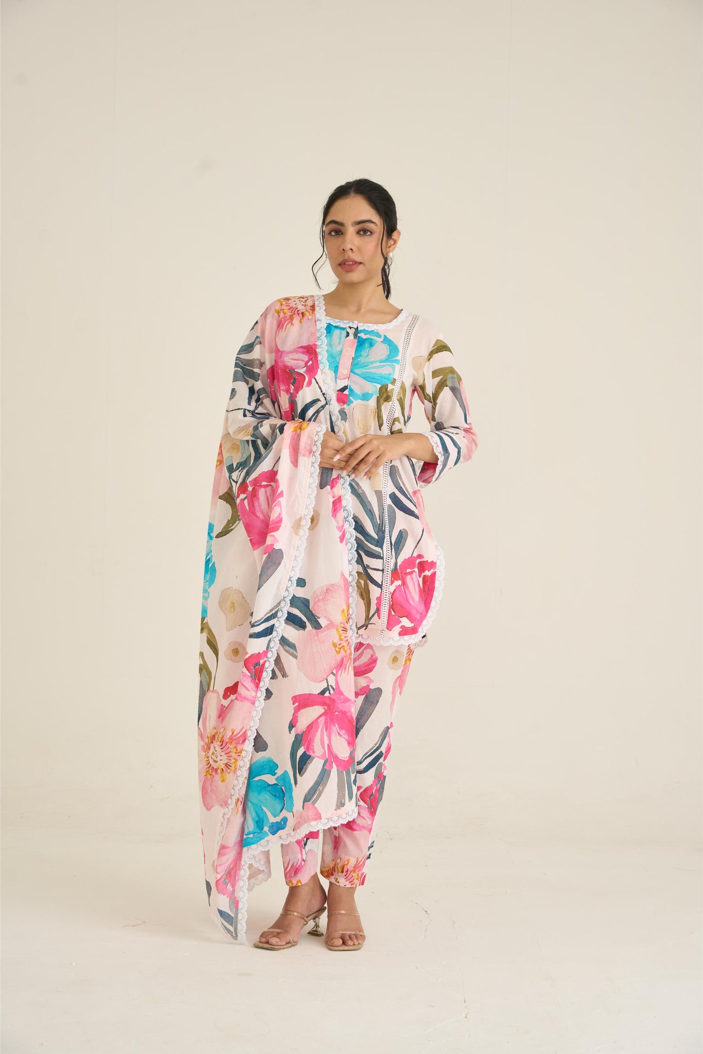 White Spring Dusk Cotton Kurta Set
