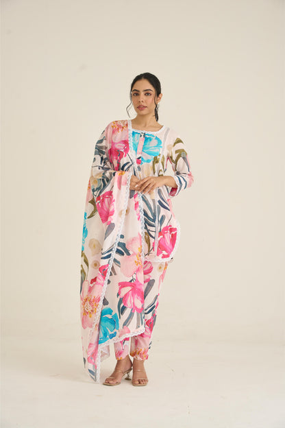 White Spring Dusk Cotton Kurta Set