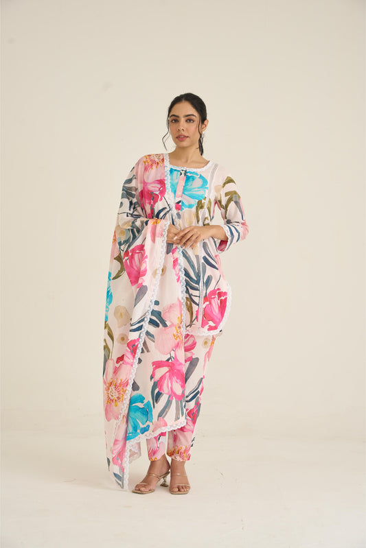 White Spring Dusk Cotton Kurta Set