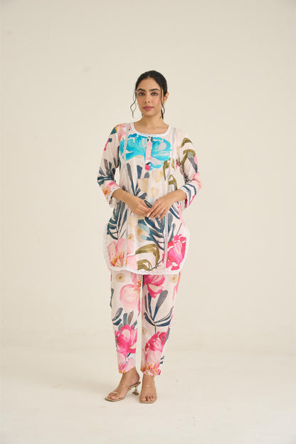 White Spring Dusk Cotton Kurta Set