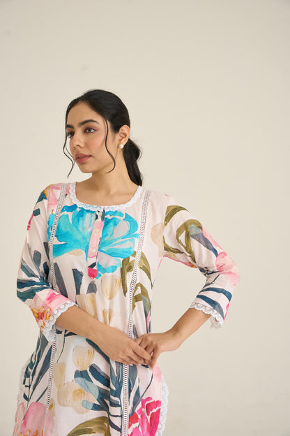 White Spring Dusk Cotton Kurta Set