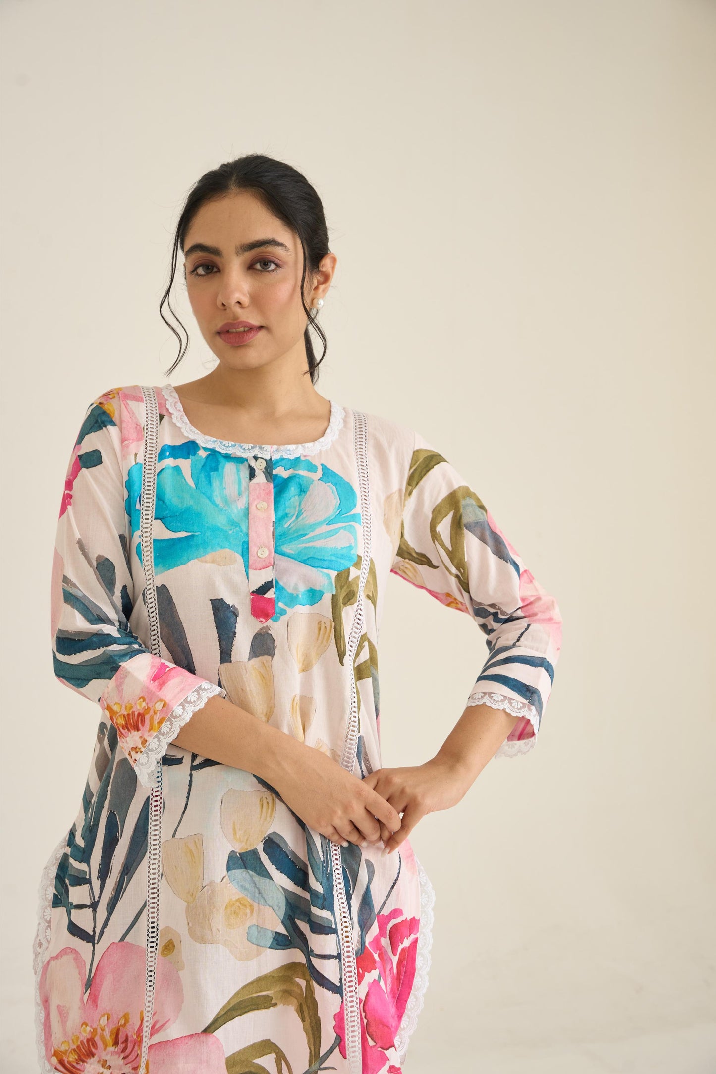 White Spring Dusk Cotton Kurta Set