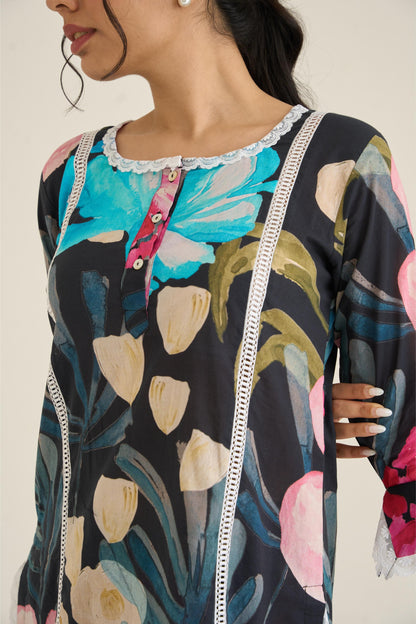 Black Spring Dusk Cotton Kurta Set